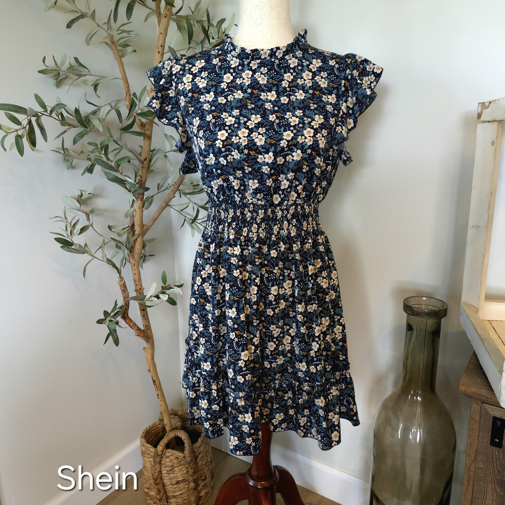 SHEIN White and Blue Ruffled Smocked Mini Sundress